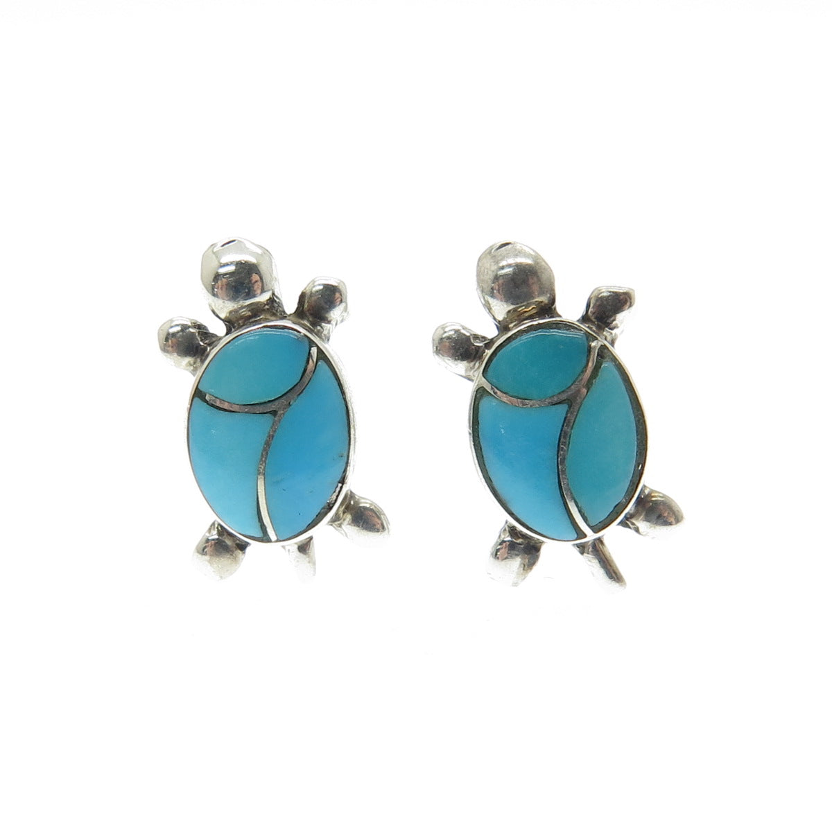 Old Pawn 925 Sterling Silver Vintage Real Bisbee Turquoise Turtle Stud Earrings