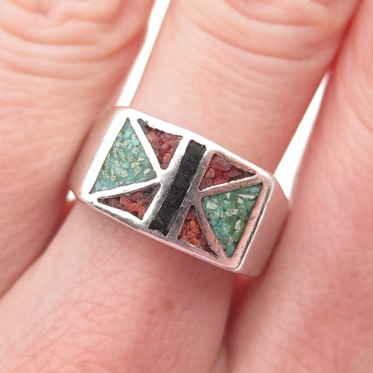 Old Pawn Sterling Silver Vintage Black Onyx & Turquoise Coral Inlay Ring Size 9