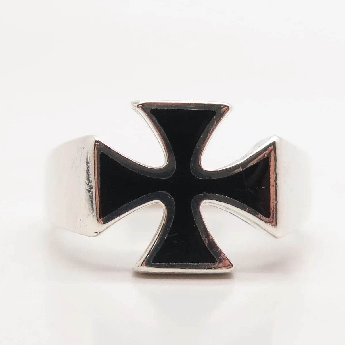 925 Sterling Silver Vintage Black Enamel Cross Ring Size 11.25