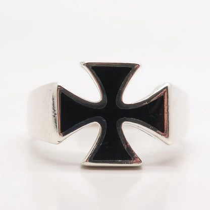 925 Sterling Silver Vintage Black Enamel Cross Ring Size 11.25