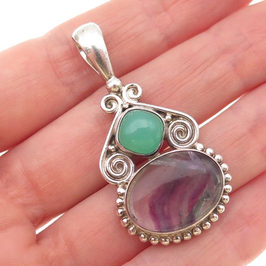 SAJEN 925 Sterling Silver Vintage Real Fluorite & Green Chalcedony Charm Pendant