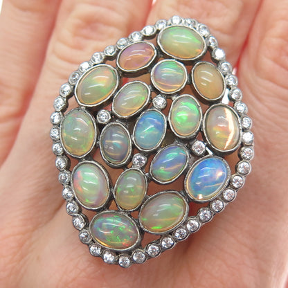 925 Sterling Silver Vintage Real Opal White Topaz Statement Oxidized Ring Size 7