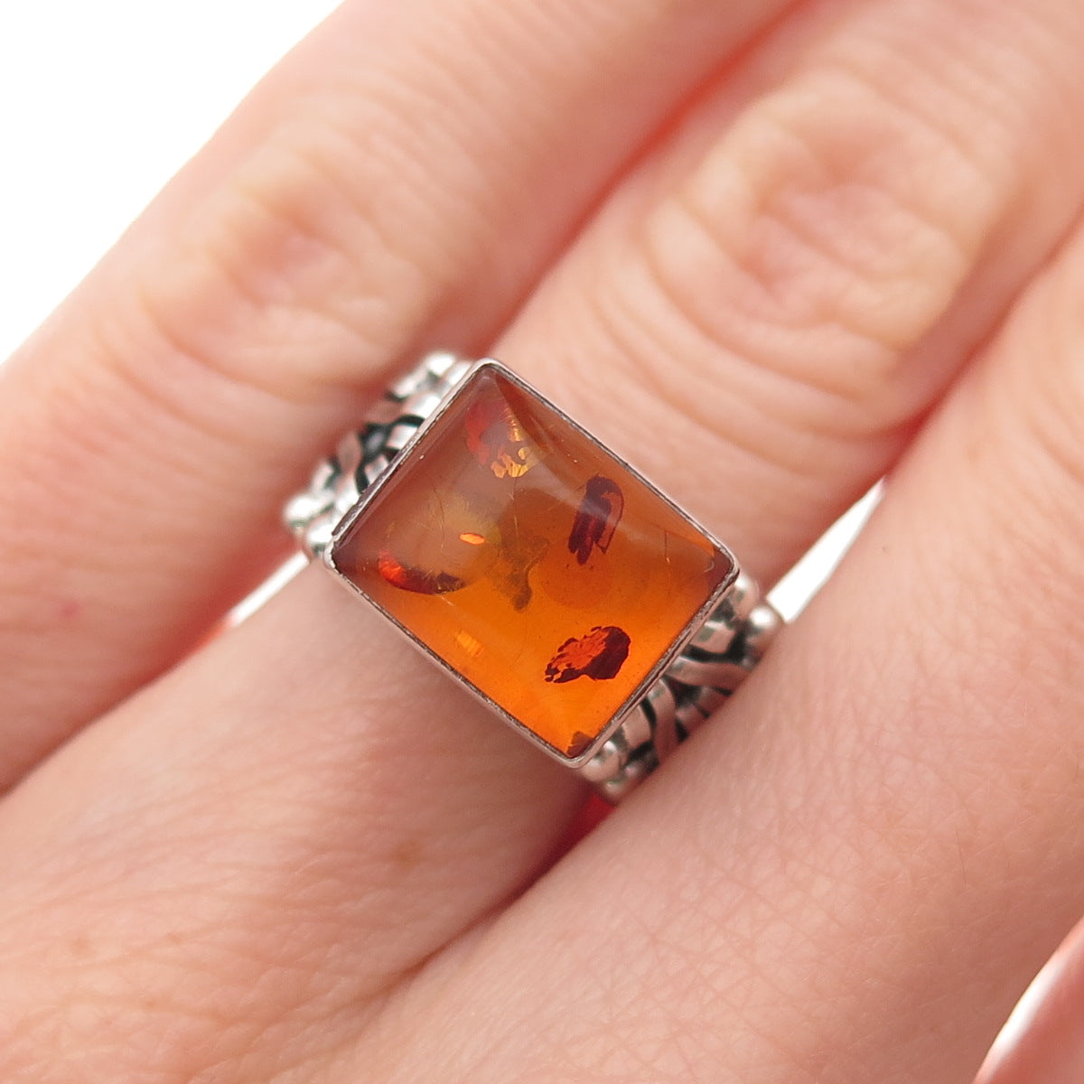 925 Sterling Silver Vintage Real Amber Modernist Oxidized Ring Size 6.5