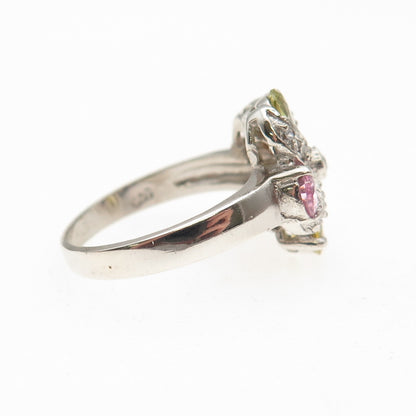 925 Sterling Silver Multi-Color C Z Floral Ring Size 6.5