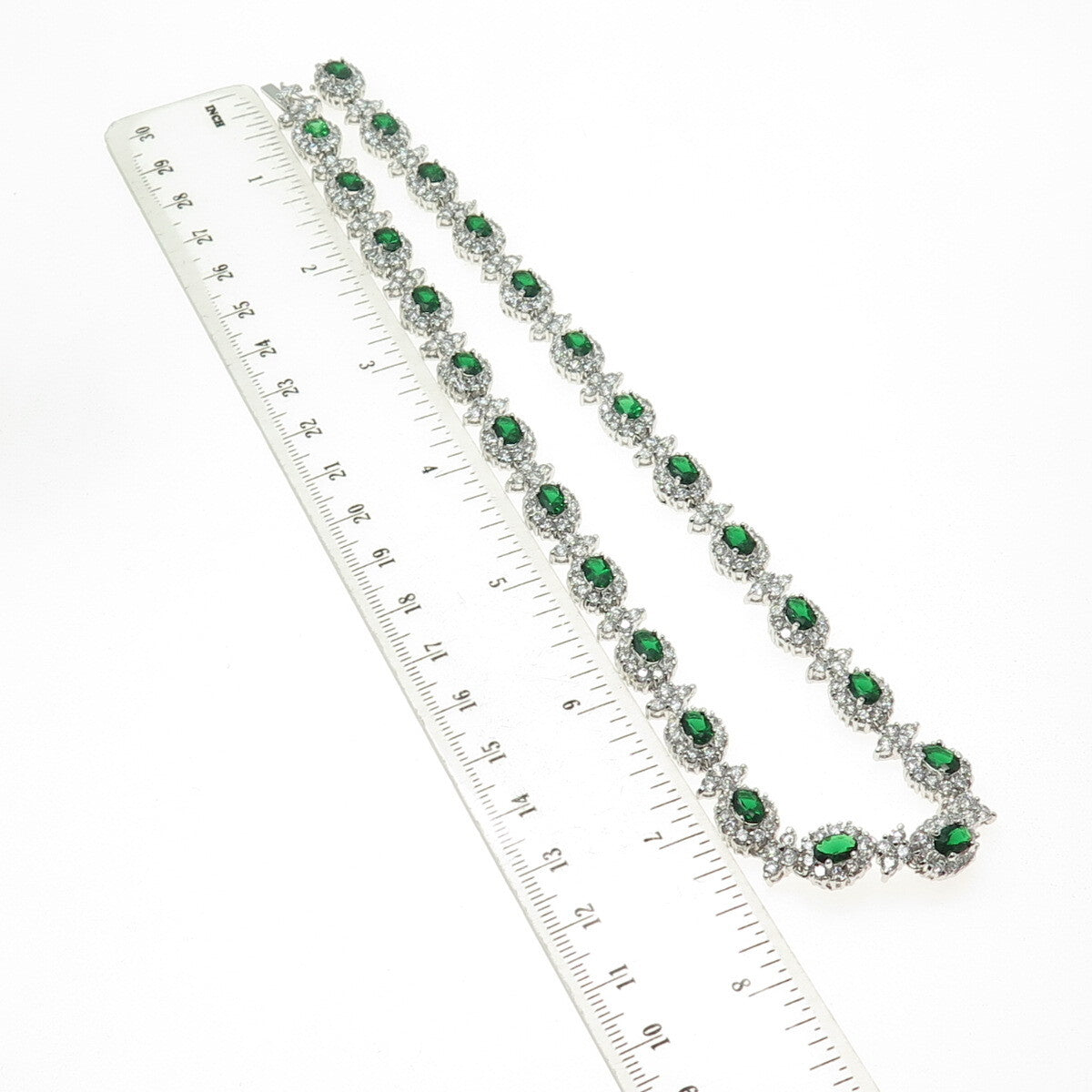 925 Sterling Silver Green & White C Z Bohemian Chain Necklace 16"