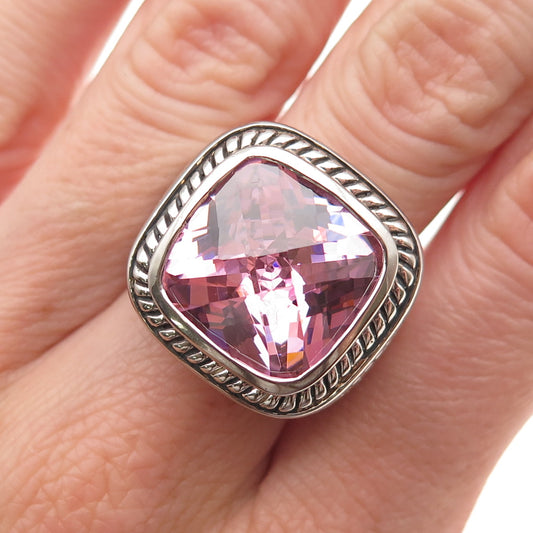 925 Sterling Silver Vintage Cushion-Cut Pink C Z Oxidized Ring Size 7.25