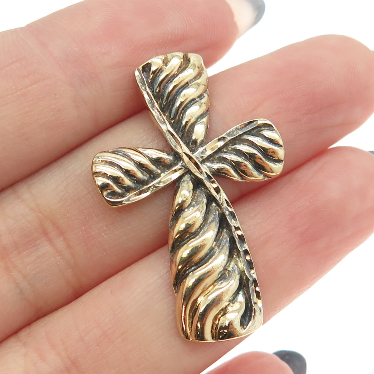 925 Sterling Silver Gold Plated Vintage Cross Ribbed Slide Pendant