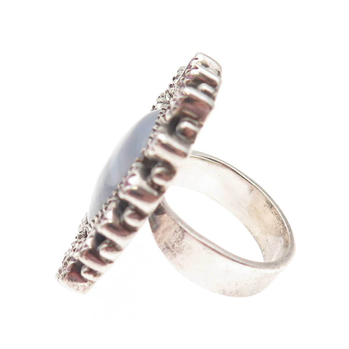 925 Sterling Silver Vintage Real Lace Agate & Pink C Z Adjustable Ring Size 8.75