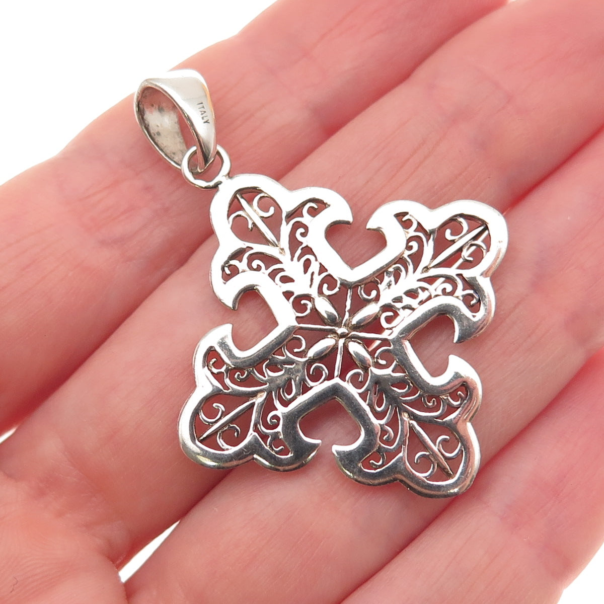 Milor Sterling Silver Vintage Italy Fleur de Lis Cross Filigree Charm Pendant