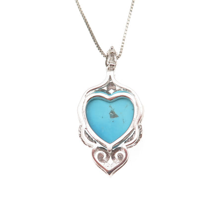 925 Sterling Silver Real Sleeping Beauty Turquoise Heart Chain Necklace 18-20"