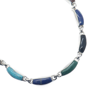 950 Silver Vintage Azurite Turquoise Jasper Onyx Lapis & Malachite Necklace 20"
