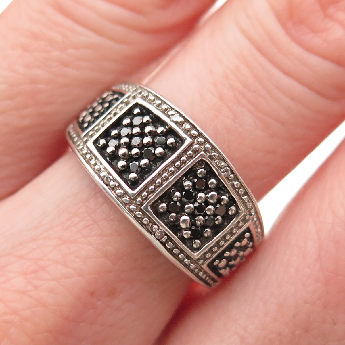 925 Sterling Silver Real Round-Cut Black Diamond Ring Size 7.25