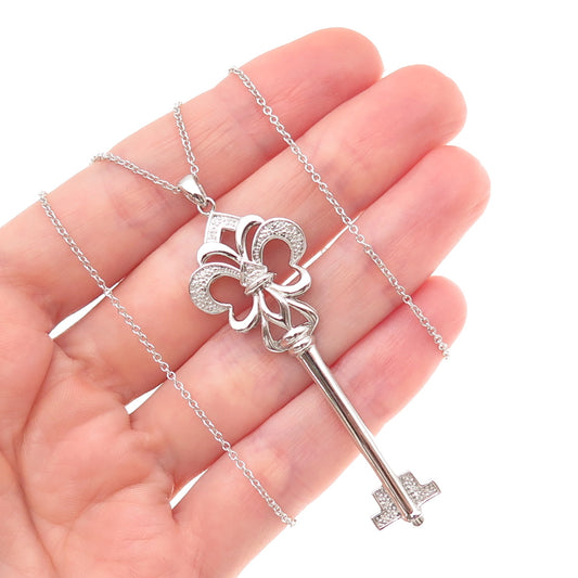 925 Sterling Silver Real Diamond Fleur de Lis Key Cable Chain Necklace 18"