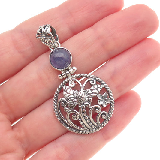 925 Sterling Silver Vintage Real Iolite Butterfly Floral Oxidized Charm Pendant