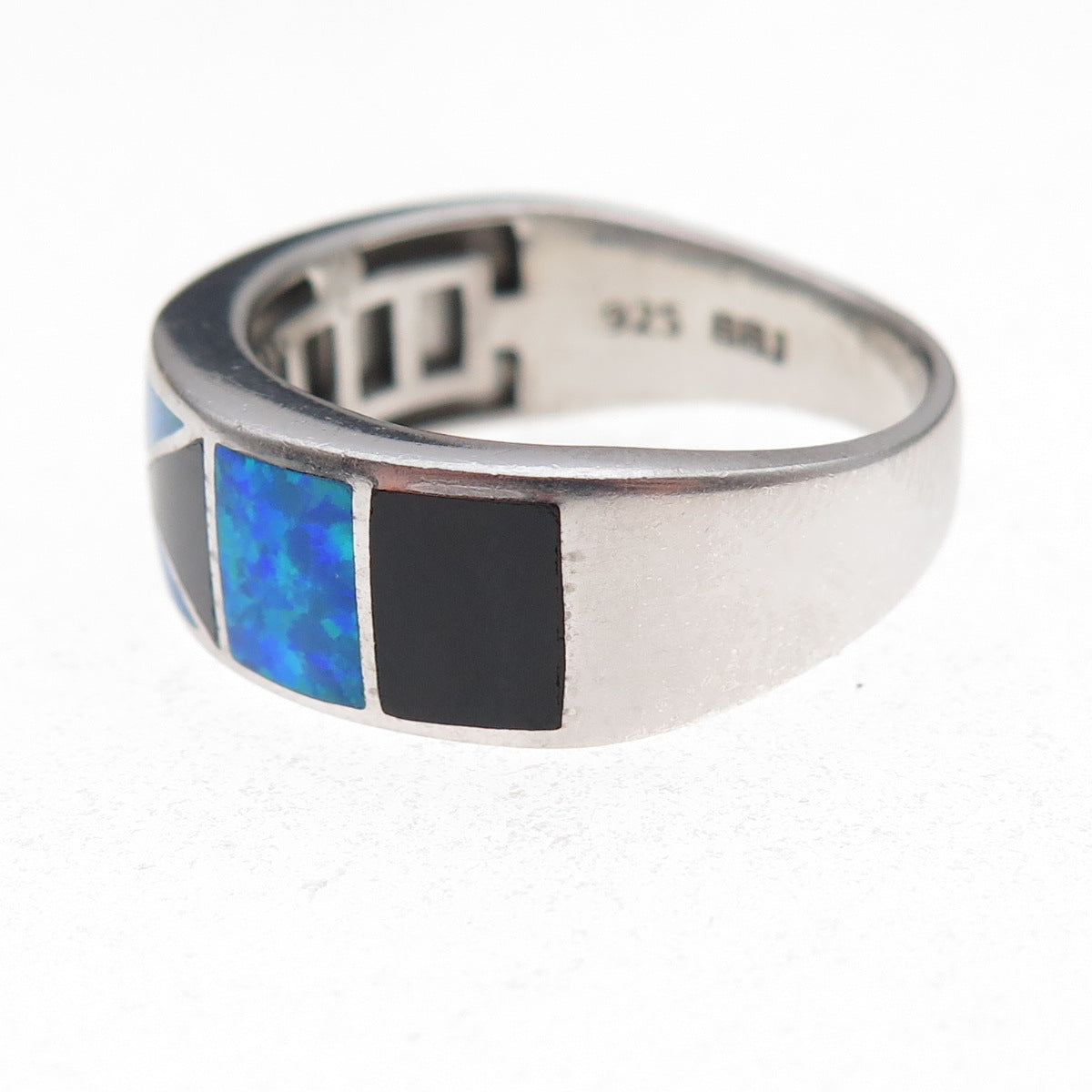 925 Sterling Silver Real Black Onyx & Opal Ring Size 11.75