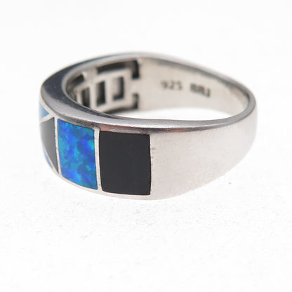 925 Sterling Silver Real Black Onyx & Opal Ring Size 11.75