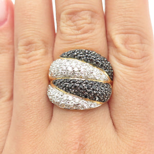 925 Sterling Silver Gold Plated Round-Cut Black Spinel & C Z Claw Ring Size 8.25