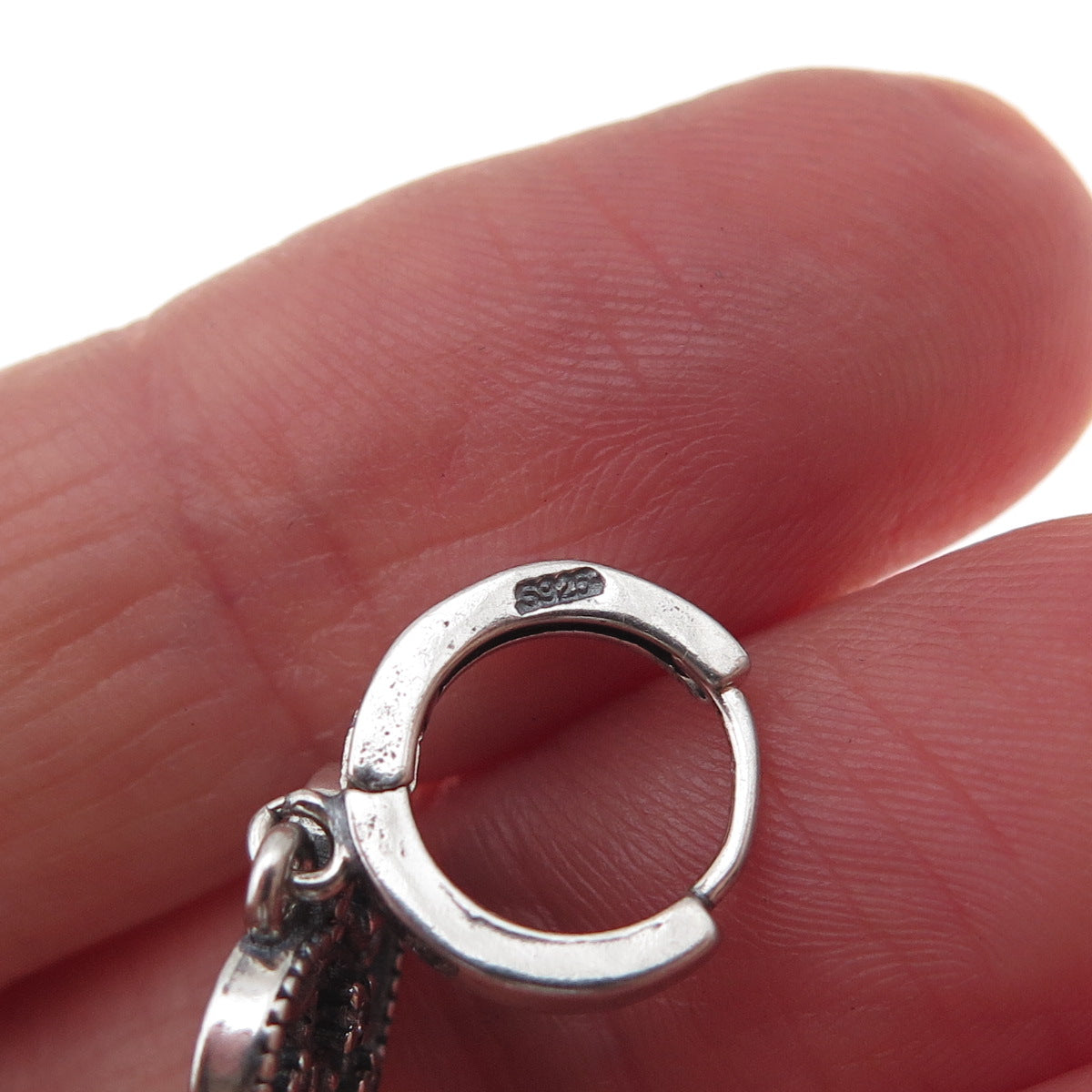 925 Sterling Silver Round-Cut C Z Heart Dangle Charm Hoop Earrings