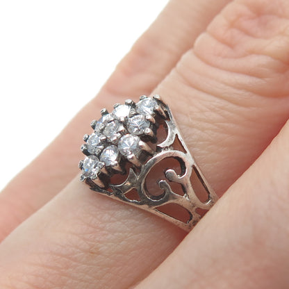 925 Sterling Silver Round-Cut Shaped C Z Ornate Oxidized Ring Size 6