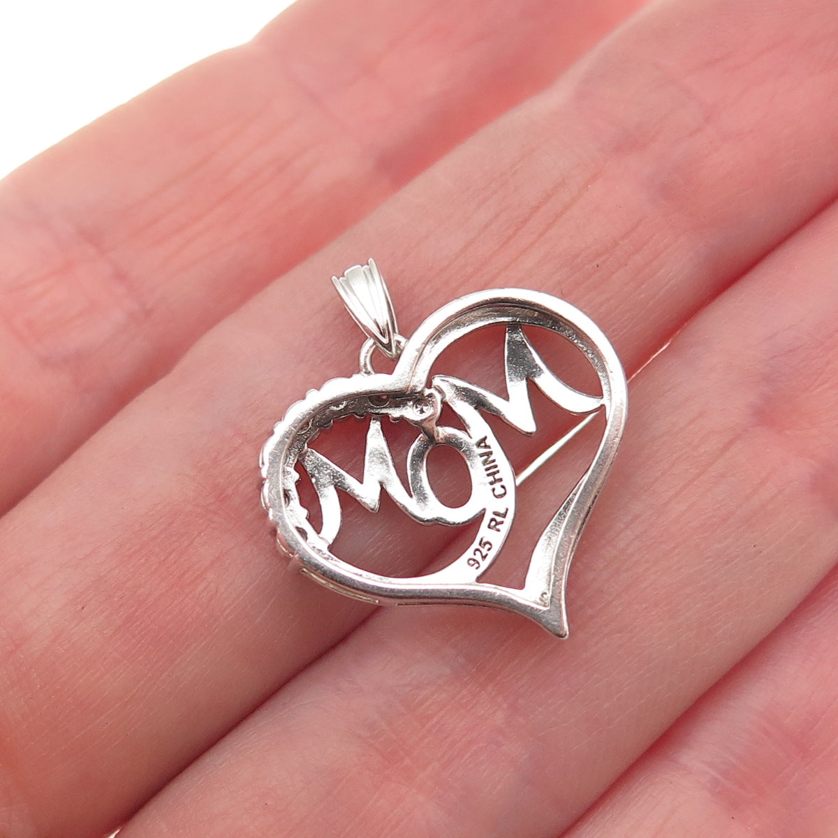 Richline 925 Sterling Silver Real Round-Cut Diamond Mom Heart Charm Pendant
