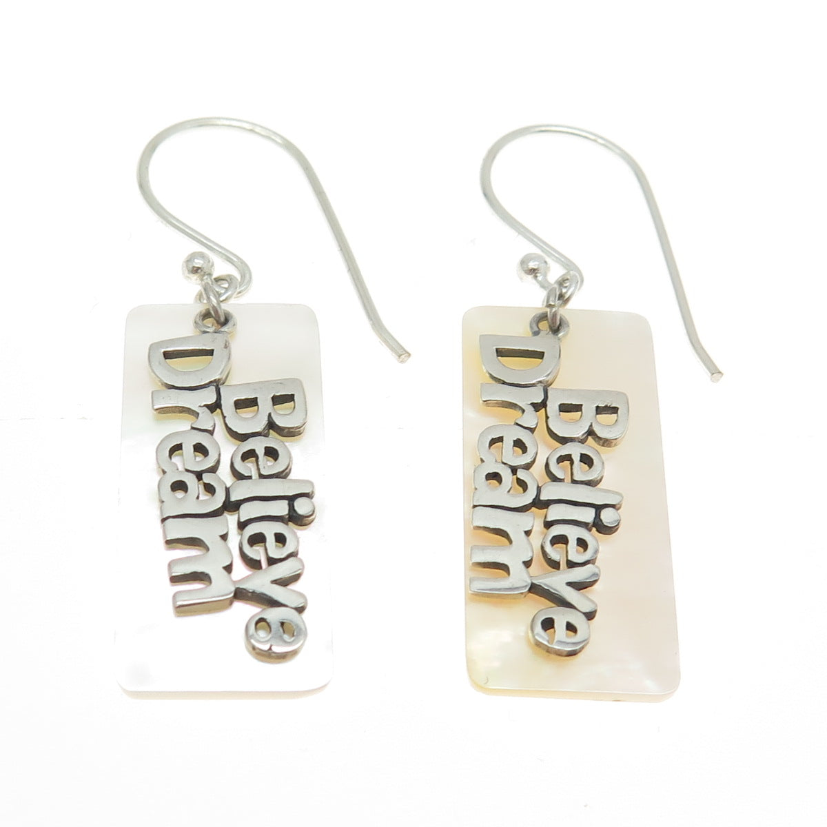 925 Sterling Silver Real Mother-of-Pearl "Believe Dream" Dangling Earrings