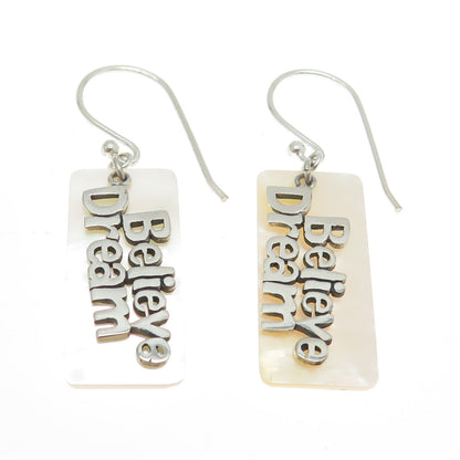 925 Sterling Silver Real Mother-of-Pearl "Believe Dream" Dangling Earrings