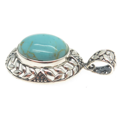 925 Sterling Silver Vintage Real Turquoise Laurel Floral Pendant