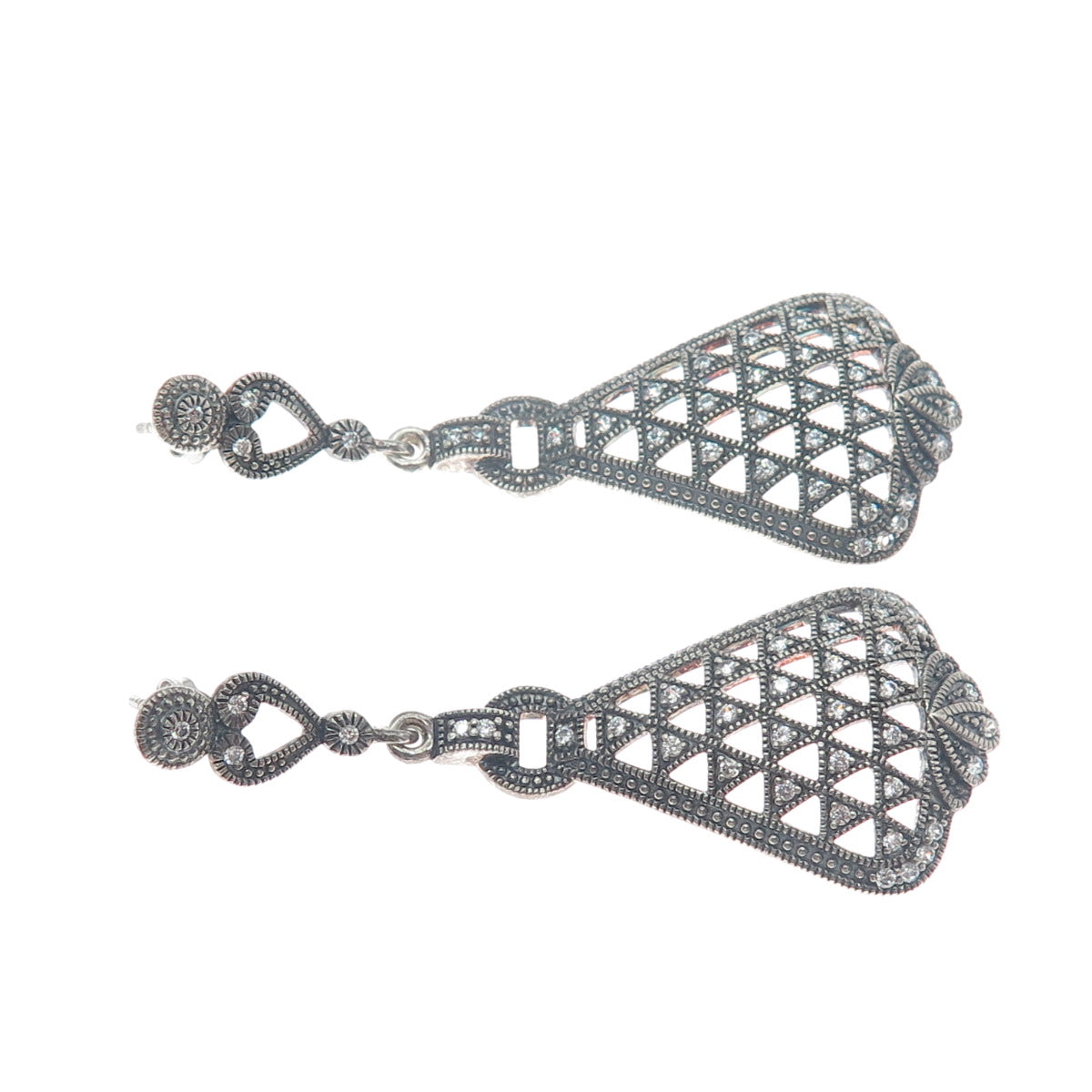 925 Sterling Silver Vintage Round-Cut C Z Oxidized Dangle Earrings
