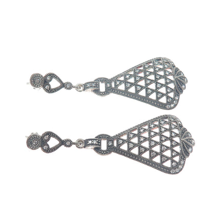 925 Sterling Silver Vintage Round-Cut C Z Oxidized Dangle Earrings