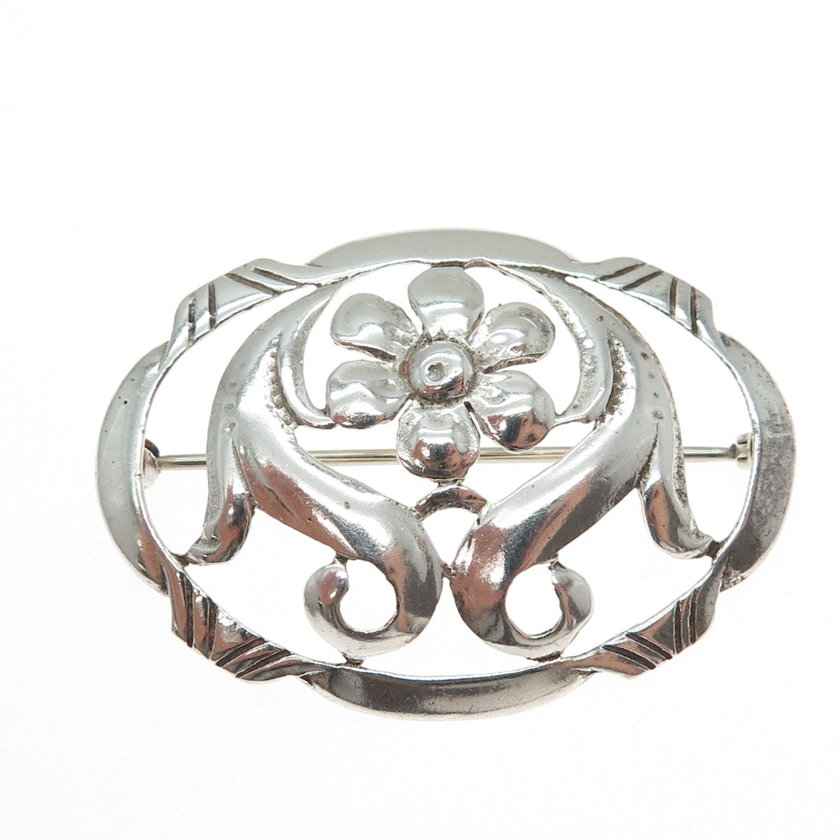 925 Sterling Silver Vintage Flower Blossom Oxidized Pin Brooch