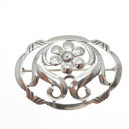 925 Sterling Silver Vintage Flower Blossom Oxidized Pin Brooch