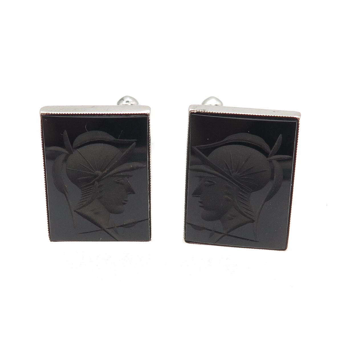 925 Sterling Silver Vintage Real Black Onyx Carved Roman Warrior Cufflinks