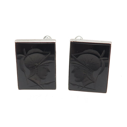 925 Sterling Silver Vintage Real Black Onyx Carved Roman Warrior Cufflinks