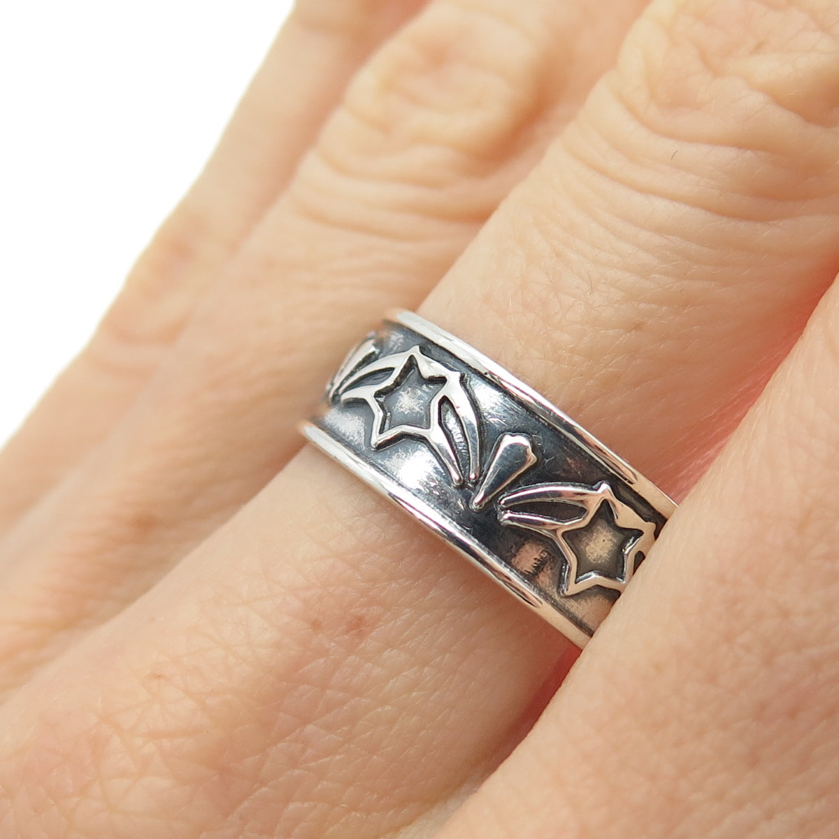 925 Sterling Silver Vintage Mexico Star All Around Oxidized Band Ring Size 10.75