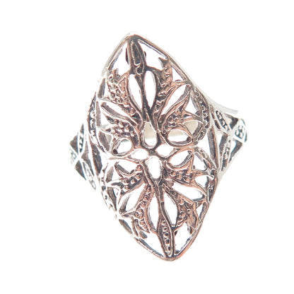 925 Sterling Silver Vintage Flower Oxidized Ring Size 8