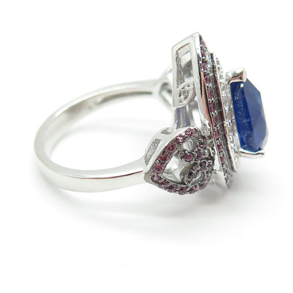 DSMK 925 Sterling Silver Blue & Pink Sapphire White Topaz Gem Pear Ring Size 7