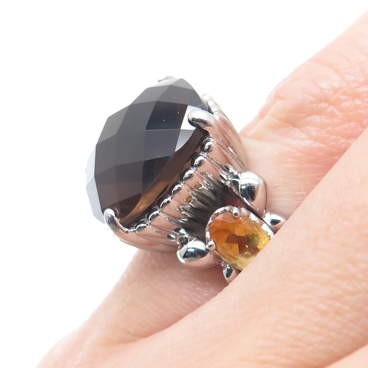 FADI Stainless Steel Real Diamond Smoky Quartz & Citrine Gemstone Ring Size 5.25