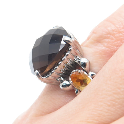 FADI Stainless Steel Real Diamond Smoky Quartz & Citrine Gemstone Ring Size 5.25