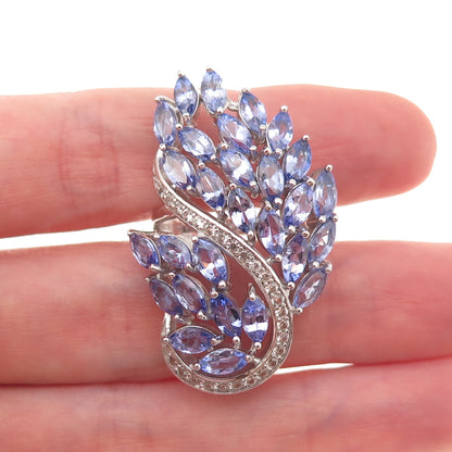 925 Sterling Silver Real Marquise-Cut Tanzanite & White Topaz Floral Ring Size 8