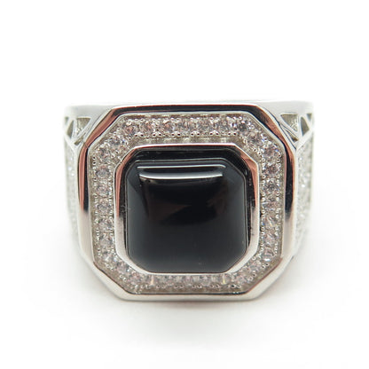 925 Sterling Silver Real Black Onyx Gemstone & C Z Ring Size 9.25