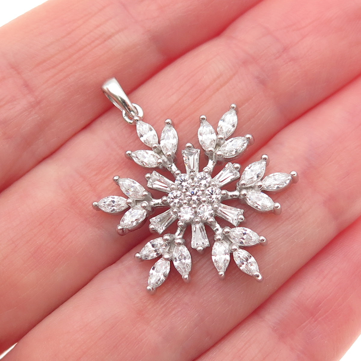 925 Sterling Silver Round Marquise & Tapered Baguette-Cut C Z Snowflake Pendant