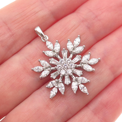 925 Sterling Silver Round Marquise & Tapered Baguette-Cut C Z Snowflake Pendant