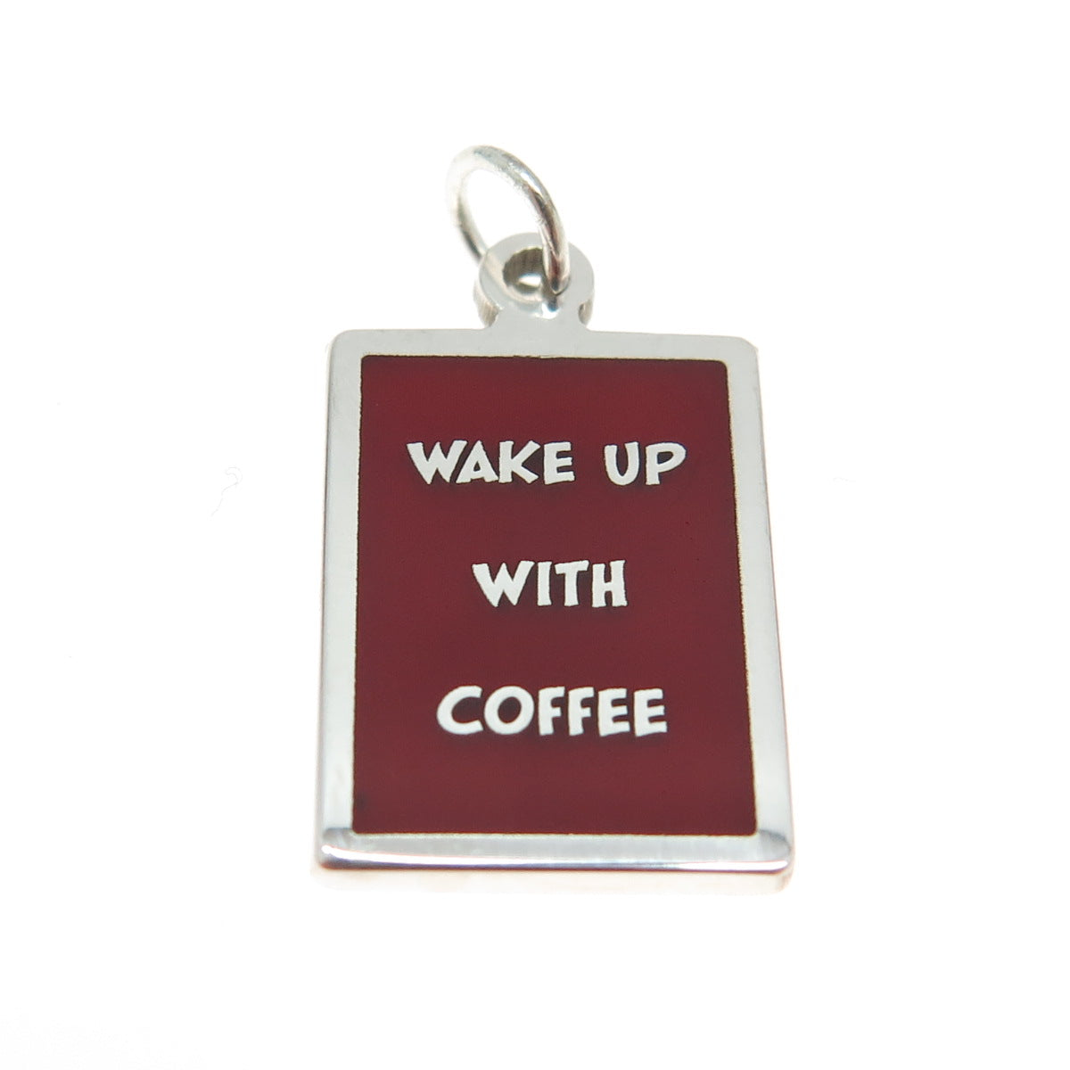 925 Sterling Silver Red Enamel "Wake Up With Coffee" Minimalist Charm Pendant