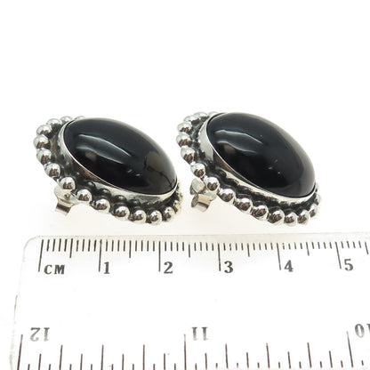 925 Sterling Silver Vintage CII Mexico Real Cabochon Black Onyx Beaded Earrings