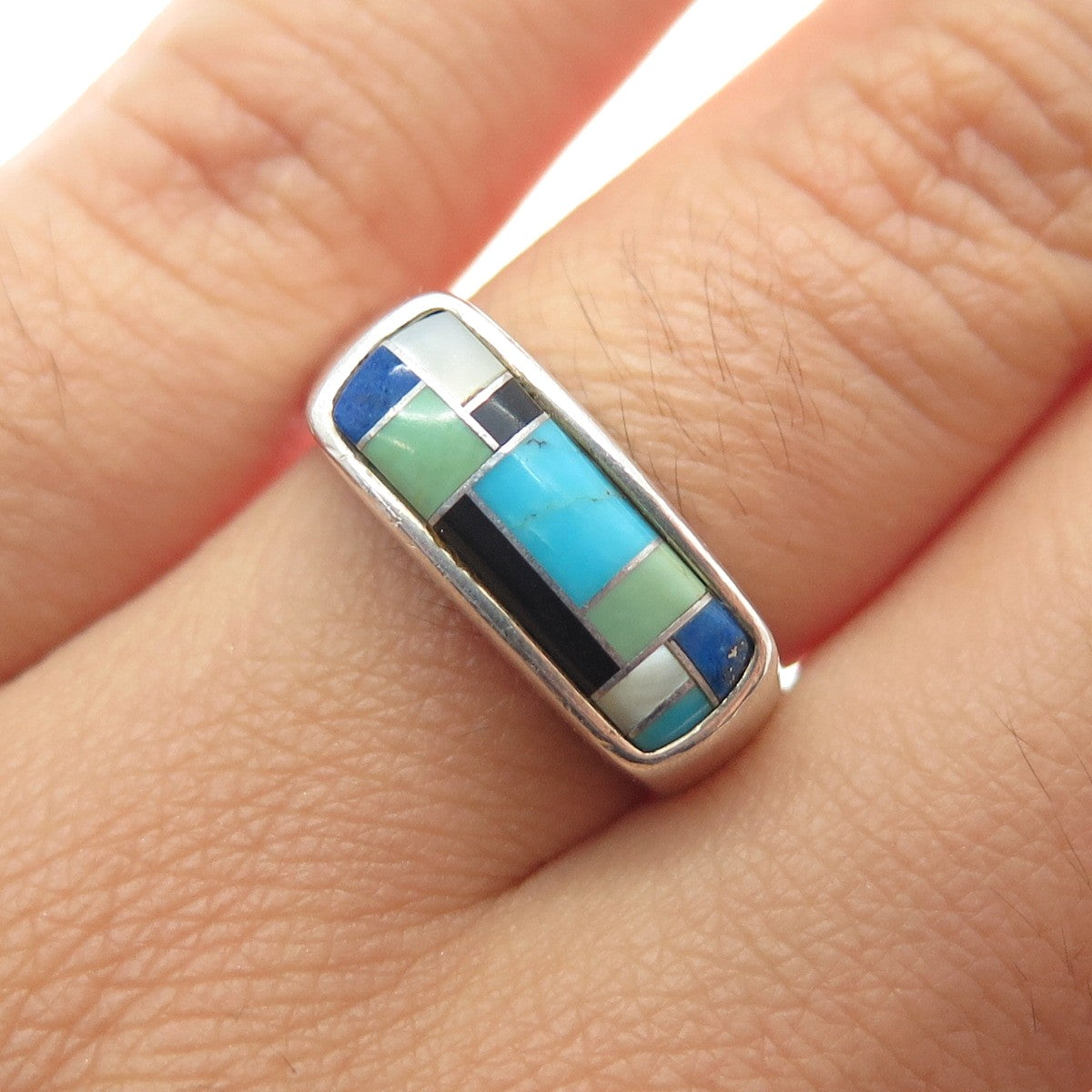 CAROLYN POLLACK Sterling Silver Vintage Turquoise Lapis Onyx & MOP Ring Size 6.5