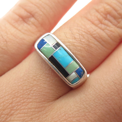 CAROLYN POLLACK Sterling Silver Vintage Turquoise Lapis Onyx & MOP Ring Size 6.5
