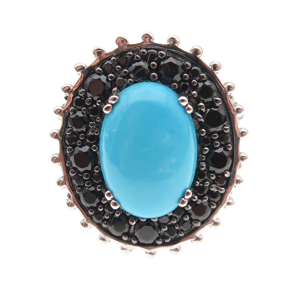 925 Sterling Silver Real Sleeping Beauty Turquoise & Black Spinel Ring Size 8
