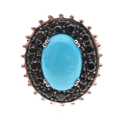 925 Sterling Silver Real Sleeping Beauty Turquoise & Black Spinel Ring Size 8