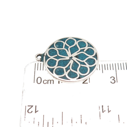 925 Sterling Silver Vintage Real Turquoise Inlay Floral Charm Pendant
