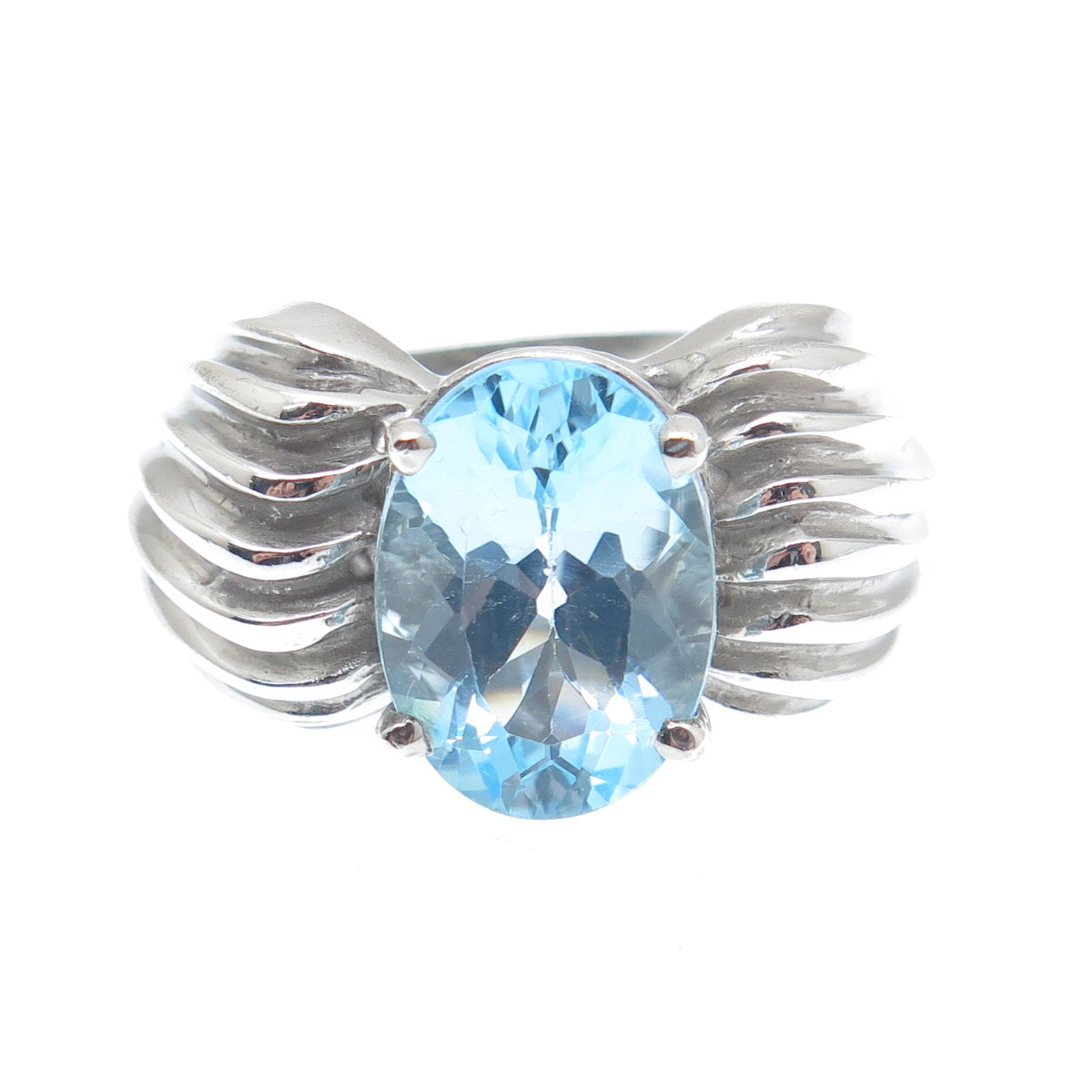 925 Sterling Silver Vintage Real Oval-Cut Blue Topaz Gem Ribbed Ring Size 8.25